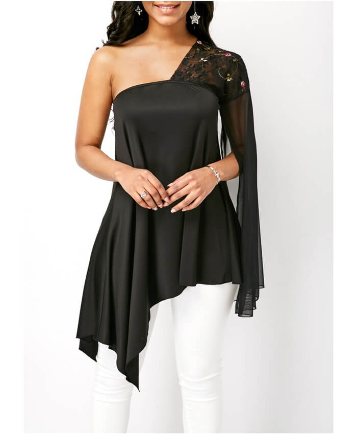 Asymmetric Hem One Shoulder Long Sleeve Blouse